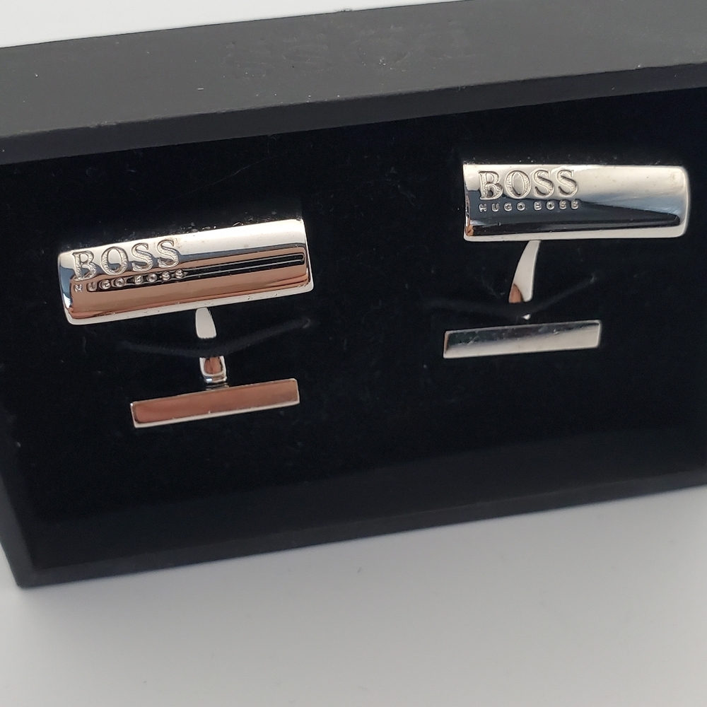 HUGO BOSS Silver Cufflinks Sleek Rectangular Modernist Minimalist Luxe Design